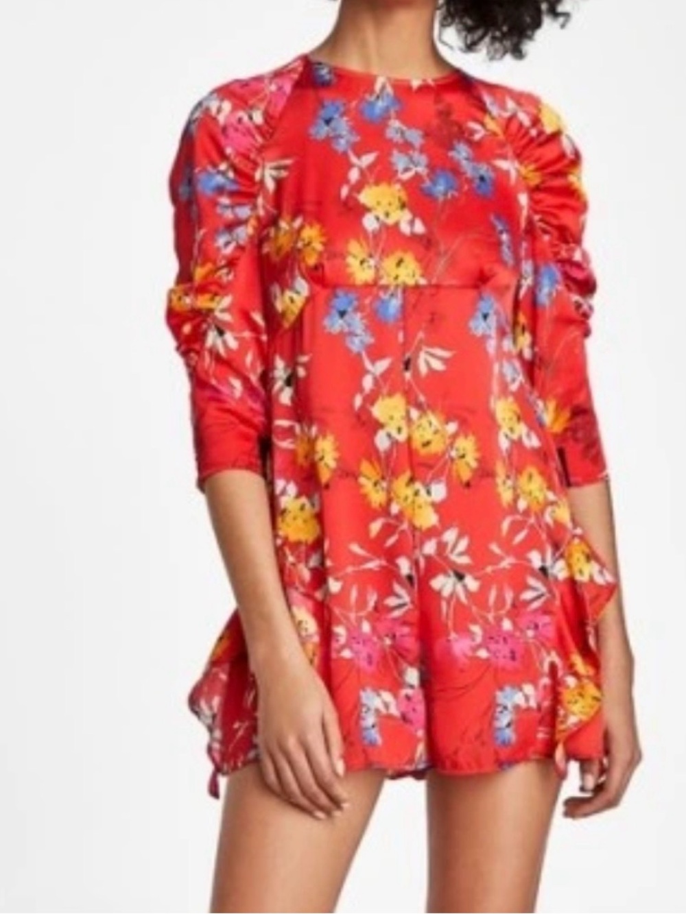 NWT Zara Red Floral Ruffle Puff Sleeve Ruched Romper S